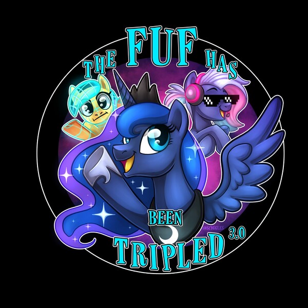 Size: 1280x1280 | Tagged: safe, artist:sciggles, derpibooru import, princess luna, oc, oc:bit rate, oc:neural net, alicorn, pegasus, pony, crossing the memes, deal with it, female, fuf, headphones, mare, meme, shrug, the fun has been doubled