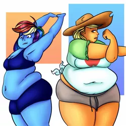 Size: 1600x1600 | Tagged: suggestive, artist:sweetslugslime, deleted from derpibooru, derpibooru import, applejack, rainbow dash, equestria girls, applefat, armpits, bbw, belly, belly button, big belly, breasts, busty applejack, busty rainbow dash, clothes, duo, duo female, fat, fat boobs, female, obese, rainblob dash, shorts, sports bra, sports shorts, ssbbw, stretching, sweat