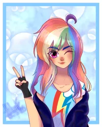 Size: 913x1134 | Tagged: abstract background, artist:latashixd, clothes, derpibooru import, female, fingerless gloves, gloves, human, humanized, jacket, off shoulder, one eye closed, peace sign, rainbow dash, safe, shirt, signature, smiling, solo, speedpaint available, t-shirt, wink