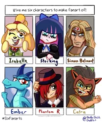Size: 3000x3582 | Tagged: anarchy stocking, animal crossing, artist:chedd4rt, bust, castlevania, catra, clothes, crossover, derpibooru import, dog, dragon, dragoness, female, fist bump, hat, human, isabelle, male, one eye closed, open mouth, panty and stocking with garterbelt, phantom r, princess ember, rhythm thief, rythm thief and the emperor's treasure, safe, she-ra and the princesses of power, simon belmont, six fanarts, smiling, stocking anarchy, wink