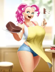 Size: 1000x1303 | Tagged: alternate hairstyle, apron, artist:lvl, art pack:my little sweetheart, art pack:my little sweetheart 5, big breasts, blue eyes, blurred background, breasts, busty pinkie pie, cake, chocolate, clothes, curly hair, denim shorts, derpibooru import, digital art, food, huge breasts, human, humanized, knife, light skin, looking sideways, nightmare fuel, pink hair, pinkie pie, plate, ponytail, shorts, signature, smiling, solo, stool, suggestive, thighs, thunder thighs, wide eyes, wide hips, wide smile