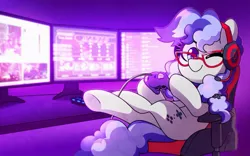Size: 1131x707 | Tagged: safe, artist:dawnfire, derpibooru import, oc, oc:cinnabyte, unofficial characters only, earth pony, pony, adorkable, chair, controller, cute, dork, female, gamecube controller, gaming chair, gaming headset, gaming monitor, glasses, headphones, headset, mare, monitor, one eye closed, pc, smiling, wink