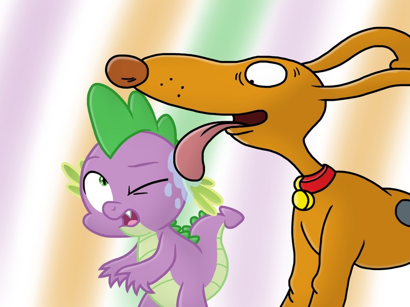 Size: 2732x2048 | Tagged: safe, artist:justsomepainter11, derpibooru import, spike, dog, dragon, crossover, drool, licking, male, nickelodeon, rugrats, spike (rugrats), tongue out