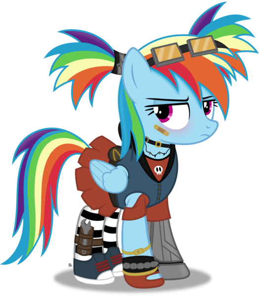 Size: 2810x3219 | Tagged: safe, artist:anime-equestria, derpibooru import, rainbow dash, alternate hairstyle, bandage, blushing, borderlands, borderlands 2, clothes, converse, cute, dashabetes, goggles, high res, jewelry, necklace, pigtails, robotic arm, shirt, shoes, simple background, skirt, socks, striped socks, transparent background, vector, wings, wrench