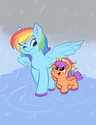 Size: 500x647 | Tagged: safe, artist:qt-galaxy, derpibooru import, rainbow dash, scootaloo, pegasus, pony, blank flank, colored hooves, cute, cutealoo, dashabetes, duo, female, filly, mare, open mouth, rain, scootalove, wet, wet mane, wing shelter