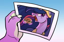 Size: 1893x1256 | Tagged: alicorn, artist:jimmyjamno1, borgarposting, burger, claw, derpibooru import, food, hay burger, jewelry, levitation, magic, older, parody, photo, princess twilight 2.0, regalia, safe, sailor moon, sailor moon redraw meme, serena tsukino, spike, telekinesis, the last problem, twilight burgkle, twilight sparkle, twilight sparkle (alicorn)