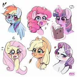 Size: 1900x1900 | Tagged: safe, artist:ikuyimii, artist:riukime, derpibooru import, applejack, fluttershy, pinkie pie, rainbow dash, rarity, twilight sparkle, earth pony, pegasus, pony, unicorn, blushing, book, bust, cowboy hat, crying, cute, female, glowing horn, hat, heart, horn, magic, mane six, mare, open mouth, pictogram, plewds, portrait, question mark, reading, simple background, smiling, speech bubble, straw in mouth, telekinesis, white background