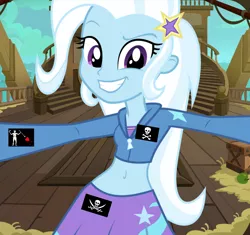 Size: 682x640 | Tagged: safe, artist:ponyalfonso, derpibooru import, edit, edited screencap, screencap, trixie, equestria girls, my little pony: the movie, belly button, clothes, cropped hoodie, jacket, midriff, pirate ship, skirt, sports bra