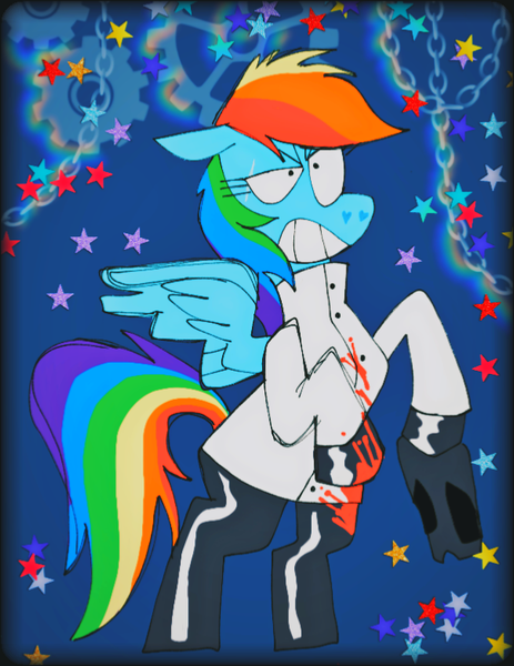 Size: 604x782 | Tagged: semi-grimdark, artist:mewnikitty, derpibooru import, rainbow dash, pegasus, pony, fanfic:rainbow factory, blood, clothes, lab coat, mask, pants, rainbow factory dash, solo, stars