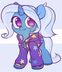 Size: 1868x2160 | Tagged: safe, artist:vensual99, derpibooru import, trixie, pony, unicorn, abstract background, alternate hairstyle, babysitter trixie, clothes, cute, diatrixes, female, gameloft, gameloft interpretation, hoodie, mare, no pupils, smiling, solo