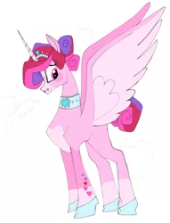 Size: 640x836 | Tagged: safe, artist:mewnikitty, derpibooru import, princess cadance, alicorn, pony, alternate design, choker, crown, heart, jewelry, redesign, regalia, simple background, solo, text, white background