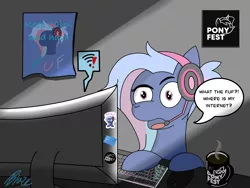 Size: 2048x1536 | Tagged: artist:blazep0ny, confused, cute, derpibooru import, fuf, fuf juice, headphones, keyboard, monitor, motivational poster, mug, oc, oc:bit rate, ponyfest, ponyfest 3, safe, sticker, what the fuf