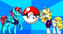 Size: 2492x1368 | Tagged: safe, artist:songheartva, derpibooru import, oc, oc:meloetta, oc:songheart, alicorn, pony, unicorn, clothes, female, glasses, male, mare, pokéball, pokémon, stallion, suit