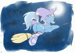 Size: 3736x2641 | Tagged: suggestive, artist:drawalaverr, derpibooru import, trixie, pony, unicorn, blushing, broom, butt, cape, clothes, female, flying, flying broomstick, hat, looking back, mare, moon, night, plot, socks, solo, starry night, stars, striped socks, trixie's cape, trixie's hat