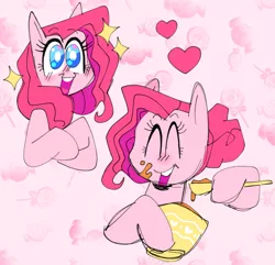 Size: 640x618 | Tagged: safe, artist:mewnikitty, derpibooru import, pinkie pie, earth pony, pony, magical mystery cure, alternate universe, bowl, heart, mixing bowl, solo, sparkles, spoon