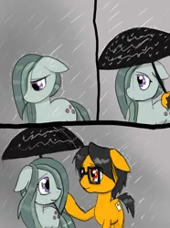 Size: 1072x1440 | Tagged: safe, artist:a.s.e, derpibooru import, marble pie, oc, oc:a.s.e, canon x oc, couple, female, male, mare, rain, shipping, smiling, stallion, together, umbrella, wet, wet mane