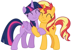 Size: 1024x703 | Tagged: safe, artist:emeraldblast63, derpibooru import, sunset shimmer, twilight sparkle, twilight sparkle (alicorn), alicorn, pony, unicorn, cute, duo, female, hug, mare, shimmerbetes, simple background, squishy cheeks, transparent background, twiabetes