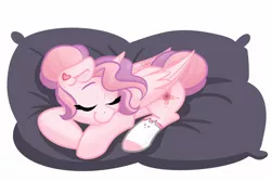 Size: 1800x1200 | Tagged: safe, artist:cadetredshirt, derpibooru import, oc, oc:saku, unofficial characters only, alicorn, pony, clothes, commission, digital art, ear fluff, ear piercing, earring, eyes closed, hair bun, horn, jewelry, piercing, pillow, sleeping, smiling, socks, solo, tail bun, two toned mane, two toned tail, wings, ych result, your character here