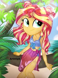 Size: 1536x2048 | Tagged: safe, artist:artmlpk, derpibooru import, sunset shimmer, equestria girls, adorable face, adorkable, alternate hairstyle, beach, beautiful, bikini, clothes, cute, digital art, dork, female, front knot midriff, island, looking at you, looking up, midriff, ocean, pigtails, plant, sarong, shimmerbetes, sitting, smiling, smiling at you, solo, swimsuit, tree, tree branch, vacation