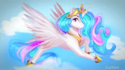 Size: 1280x720 | Tagged: safe, artist:sofilut, derpibooru import, princess celestia, alicorn, pony, cloud, female, flying, looking at you, mare, sky, solo, spread wings, wings