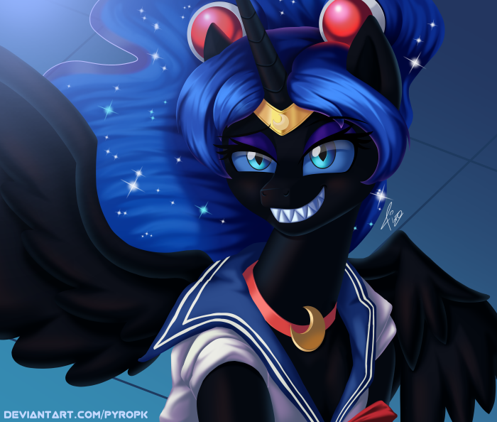 Size: 700x594 | Tagged: safe, artist:pyropk, derpibooru import, nightmare moon, alicorn, pony, unicorn, canines, challenge, clothes, cosplay, costume, fangs, female, mare, sailor moon, sailor moon redraw meme, sailor uniform, serena tsukino, sharp teeth, smiling, solo, teeth, tsukino usagi, uniform, wings