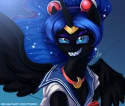 Size: 700x594 | Tagged: safe, artist:pyropk, derpibooru import, nightmare moon, alicorn, pony, unicorn, canines, challenge, clothes, cosplay, costume, fangs, female, mare, sailor moon, sailor moon redraw meme, sailor uniform, serena tsukino, sharp teeth, smiling, solo, teeth, tsukino usagi, uniform, wings