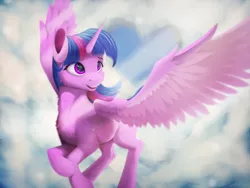Size: 2000x1500 | Tagged: safe, artist:itssim, derpibooru import, twilight sparkle, twilight sparkle (alicorn), alicorn, pony, chest fluff, cloud, female, flying, heart, leg fluff, mare, smiling, solo, spread wings, wings