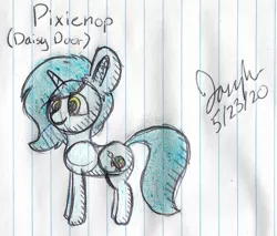 Size: 2220x1892 | Tagged: safe, artist:mlplayer dudez, derpibooru import, oc, oc:daisy door, unofficial characters only, pony, unicorn, colored, ear fluff, female, happy, lined paper, mare, signature, sketch, smiling, solo, traditional art