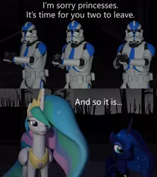 Size: 1280x1440 | Tagged: 3d, 501st, 501st legion, blaster, clone trooper, comic, derpibooru import, everfree forest, female, gun, order 66, princess celestia, princess luna, reference, revenge of the sith, rifle, royal sisters, safe, siblings, sisters, source filmmaker, star wars, talking, text, weapon