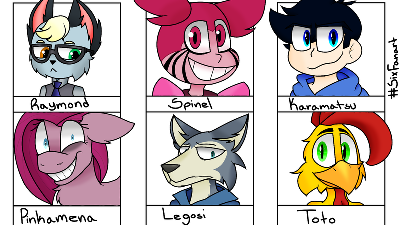 Size: 1920x1080 | Tagged: safe, artist:magentaowl, derpibooru import, pinkie pie, anthro, bird, cat, chicken, earth pony, human, pony, wolf, six fanarts, animal crossing, anthro with ponies, beastars, bust, crossover, female, glasses, grin, heterochromia, karamatsu, legosi (beastars), male, mare, osomatsu-san, pinkamena diane pie, raymond, smiling, spinel (steven universe), steven universe, toto