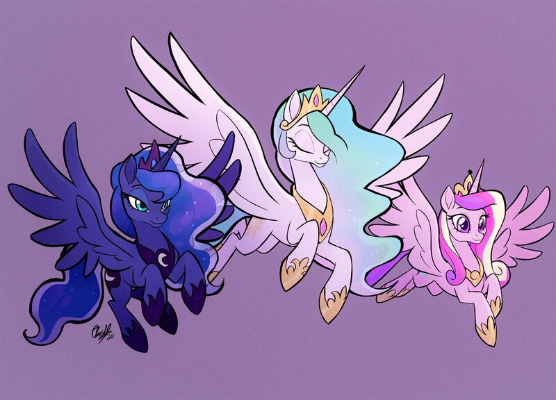 Size: 1500x1080 | Tagged: safe, artist:rollingrabbit, derpibooru import, princess cadance, princess celestia, princess luna, alicorn, pony, alicorn triarchy, crown, ethereal mane, eyes closed, female, flowing mane, flying, hoof shoes, jewelry, mare, movie accurate, official fan art, peytral, regalia, smiling, spread wings, trio, wings