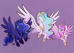 Size: 1500x1080 | Tagged: safe, artist:rollingrabbit, derpibooru import, princess cadance, princess celestia, princess luna, alicorn, pony, alicorn triarchy, crown, ethereal mane, eyes closed, female, flowing mane, flying, hoof shoes, jewelry, mare, movie accurate, official fan art, peytral, regalia, smiling, spread wings, trio, wings