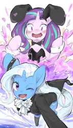 Size: 1171x2048 | Tagged: safe, artist:30clock, derpibooru import, starlight glimmer, trixie, pony, unicorn, blushing, bunny suit, clothes, cravat, cuffs (clothes), duo, heart, horn, magic, one eye closed, open mouth, performance, socks, stockings, thigh highs, wink