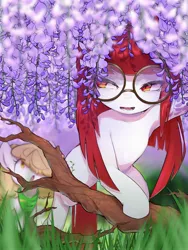 Size: 1536x2048 | Tagged: safe, artist:30clock, derpibooru import, blossom, oc, unofficial characters only, earth pony, pony, armpits, bandana, cutie mark, duo, female, flower, glasses, grass, open mouth, tree