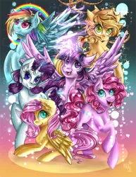 Size: 2550x3300 | Tagged: safe, artist:karmamoonshadow, derpibooru import, applejack, fluttershy, pinkie pie, rainbow dash, rarity, twilight sparkle, twilight sparkle (alicorn), alicorn, earth pony, pegasus, pony, unicorn, ear fluff, female, glowing horn, high res, horn, lasso, mane six, mare, mouth hold, open mouth, prone, redraw, rope