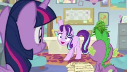 Size: 1920x1080 | Tagged: safe, derpibooru import, screencap, phyllis, spike, starlight glimmer, twilight sparkle, twilight sparkle (alicorn), alicorn, dragon, pony, unicorn, a horse shoe-in, female, inkwell, mare, philodendron, potted plant, quill, scroll, starlight's office, winged spike