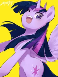 Size: 960x1280 | Tagged: safe, artist:30clock, derpibooru import, twilight sparkle, twilight sparkle (alicorn), alicorn, pony, cute, female, mare, one eye closed, open mouth, simple background, solo, spread wings, twiabetes, wings, wink, yellow background