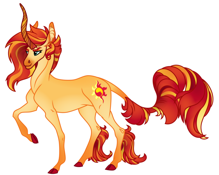 Size: 10000x8000 | Tagged: safe, artist:emeraldblast63, artist:turnipberry, deleted from derpibooru, derpibooru import, sunset shimmer, classical unicorn, pony, unicorn, absurd resolution, cloven hooves, curved horn, female, horn, kirin horn, leonine tail, mare, raised hoof, realistic horse legs, redesign, simple background, solo, trace, transparent background, unshorn fetlocks