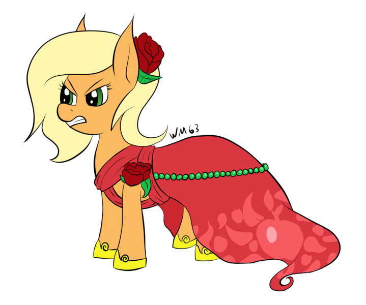 Size: 1650x1377 | Tagged: safe, artist:wapamario63, derpibooru import, applejack, earth pony, pony, alternate hairstyle, angry, clothes, dress, female, flower, mare, request, requested art, rose, shoes, simple background, solo, transparent background