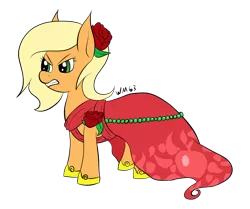 Size: 1650x1377 | Tagged: safe, artist:wapamario63, derpibooru import, applejack, earth pony, pony, alternate hairstyle, angry, clothes, dress, female, flower, mare, request, requested art, rose, shoes, simple background, solo, transparent background