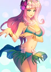 Size: 990x1402 | Tagged: safe, artist:bakki, derpibooru import, fluttershy, bat pony, butterfly, human, beautiful, beautisexy, belly button, big breasts, bikini, blue background, bracelet, breasts, busty fluttershy, clothes, commission, dancing, flower, flower in hair, flutterbat, grass skirt, hula, hula dance, hulashy, humanized, jewelry, lei, race swap, simple background, skirt, solo, swimsuit