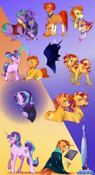 Size: 2172x4000 | Tagged: safe, artist:bunnari, derpibooru import, fire flare, firelight, starlight glimmer, stellar flare, stormy flare, sunburst, sunset shimmer, oc, oc:gloomy spirit, pony, unicorn, baby, baby pony, book, brother and sister, colt, colt sunburst, crying, equal cutie mark, facial hair, female, filly, filly starlight glimmer, filly sunset shimmer, foal, gay, goatee, headcanon, magic, male, male oc, mare, mirror, s5 starlight, siblings, silhouette, stallion, sunny siblings, younger