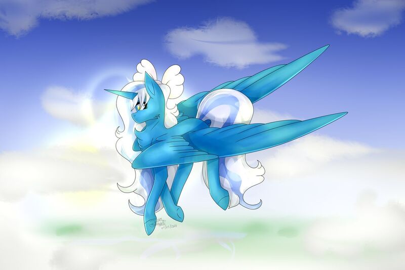 Size: 1280x854 | Tagged: alicorn, alicorn oc, artist:thelonelykitsune, bow, cloud, cloudy, derpibooru import, female, flying, hair bow, horn, mare, oc, oc:fleurbelle, safe, sky, wings, yellow eyes