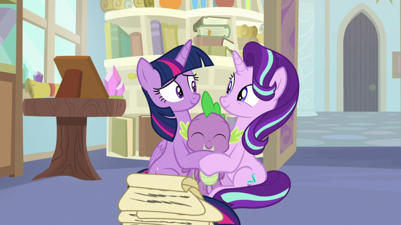 Size: 1920x1080 | Tagged: safe, derpibooru import, screencap, spike, starlight glimmer, twilight sparkle, twilight sparkle (alicorn), alicorn, dragon, pony, unicorn, a horse shoe-in, book, bookshelf, eyes closed, female, mare, philodendron, potted plant, scroll, starlight's office, winged spike