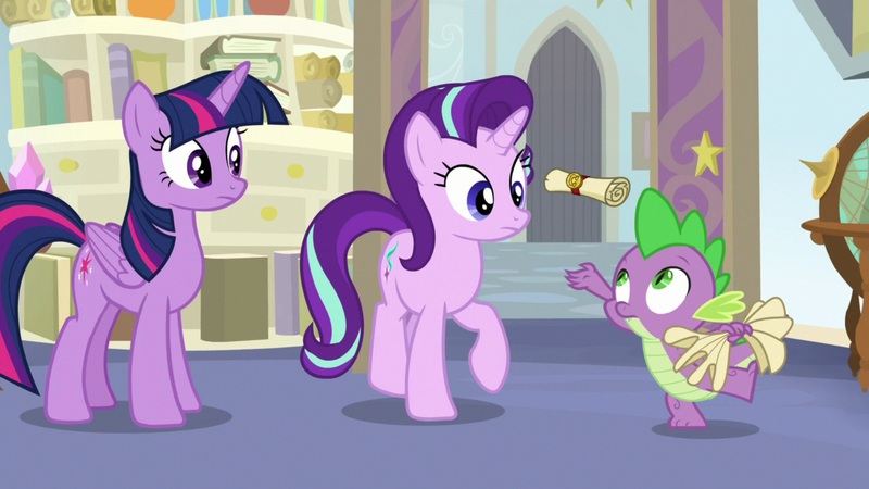 1907306 - safe, derpibooru import, screencap, spike, starlight glimmer,  twilight sparkle, twilight sparkle (alicorn), alicorn, dragon, pony,  unicorn, a horse shoe-in, book, bookshelf, female, male, mare, scroll,  starlight&#39;s office, trio, winged spike -