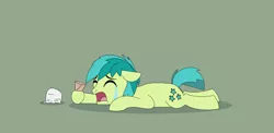 Size: 4404x2147 | Tagged: safe, artist:gd_inuk, derpibooru import, sandbar, earth pony, pony, crying, dropped ice cream, eyes closed, food, green background, high res, ice cream, ice cream cone, lying down, male, sad, simple background, story included