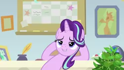 Size: 1920x1080 | Tagged: safe, derpibooru import, screencap, phyllis, starlight glimmer, pony, unicorn, a horse shoe-in, female, inkwell, mare, philodendron, potted plant, quill, starlight's office