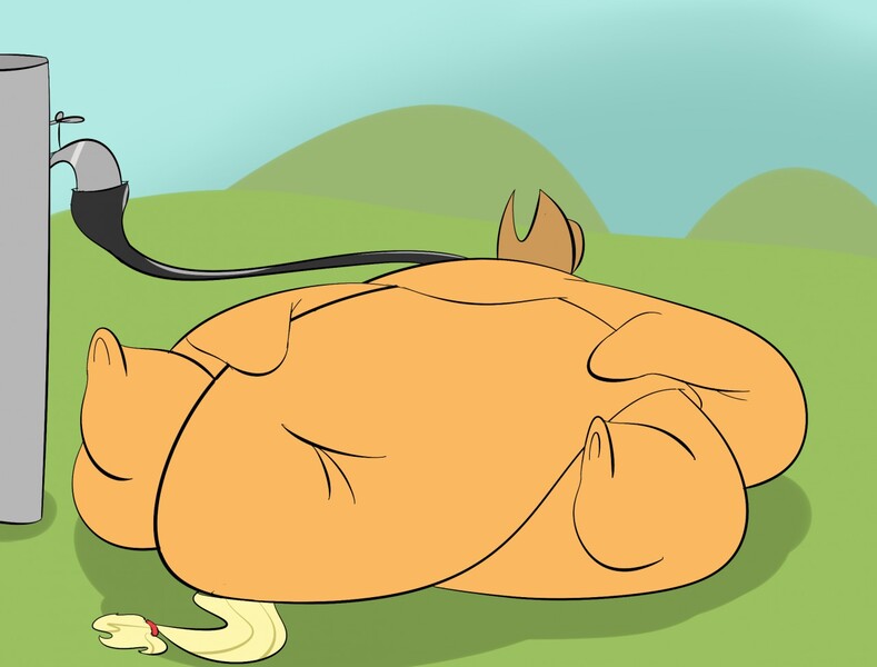 Size: 1280x974 | Tagged: questionable, artist:astr0zone, derpibooru import, applejack, earth pony, pony, amplejack, applefat, applejack's hat, applesauce, belly, belly button, big belly, bingo wings, blob, cowboy hat, fat, faucet, feeding tube, female, flabby chest, hat, hose, huge belly, impossibly large belly, mare, morbidly obese, obese, on back, solo, solo female, stuffing, underhoof, vat, weight gain, wide hips