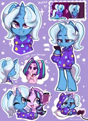 Size: 1280x1760 | Tagged: safe, artist:colorfulcolor233, derpibooru import, aria blaze, starlight glimmer, trixie, ponified, pony, semi-anthro, unicorn, alternate hairstyle, babysitter trixie, clothes, controller, cute, diatrixes, equestria girls ponified, gameloft, gameloft interpretation, heart, hoodie, hug, joystick, magic, mobile phone, oversized clothes, oversized shirt, phone, pigtails, purple background, shirt, simple background, stars, telekinesis, twintails