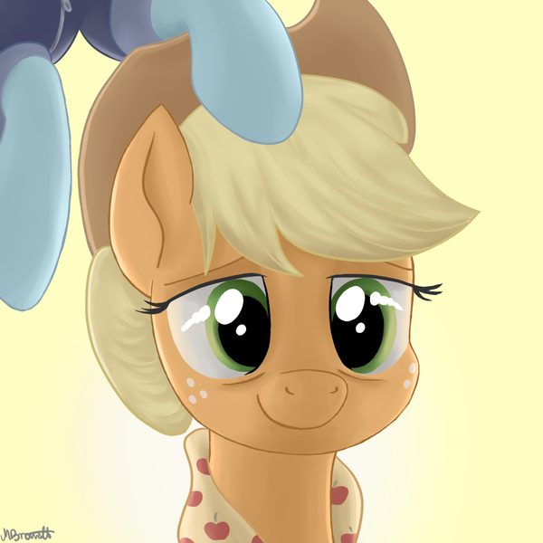 Size: 1024x1024 | Tagged: safe, artist:caulfieldsprice, derpibooru import, applejack, rainbow dash, earth pony, pegasus, pony, the last problem, apple, appledash, applejack's hat, cowboy hat, cute, female, flying, food, freckles, granny smith's scarf, green eyes, hat, hooves, jackabetes, lesbian, light, mare, older, older applejack, older rainbow dash, shipping, smiling